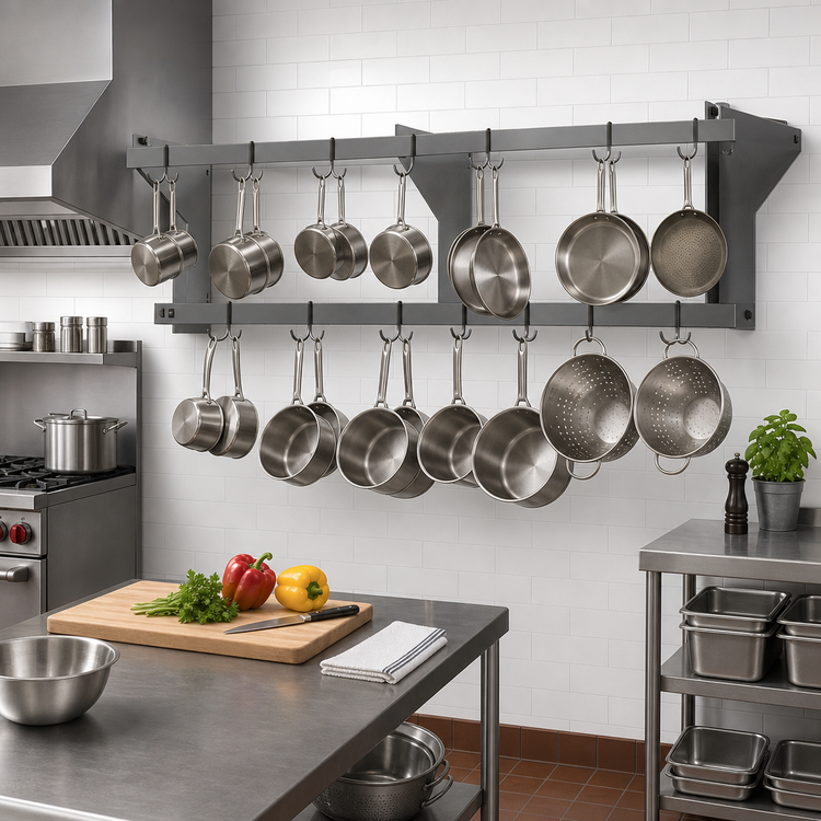 Product image #2 for Eagle Group 144-Inch Wall-Mounted Double-Bar Stainless Steel Pot Rack with 24 Double-Pronged Hooks