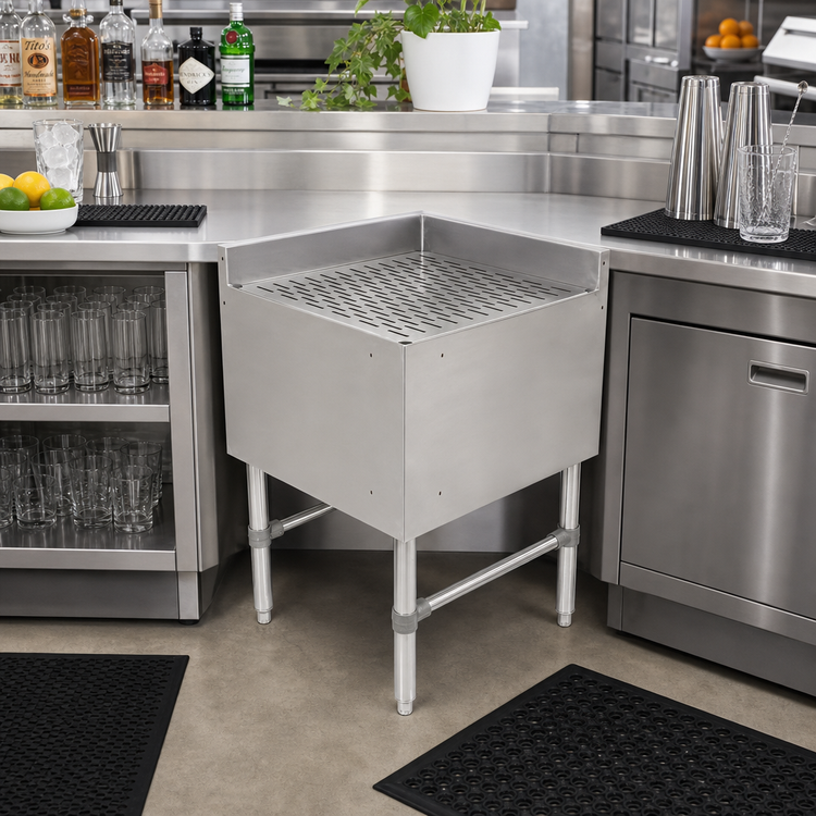 Product image #2 for John Boos Freestanding Underbar Corner Drainboard, 21" x 21" x 32-1/2", 3" Backsplash, Stainless Steel