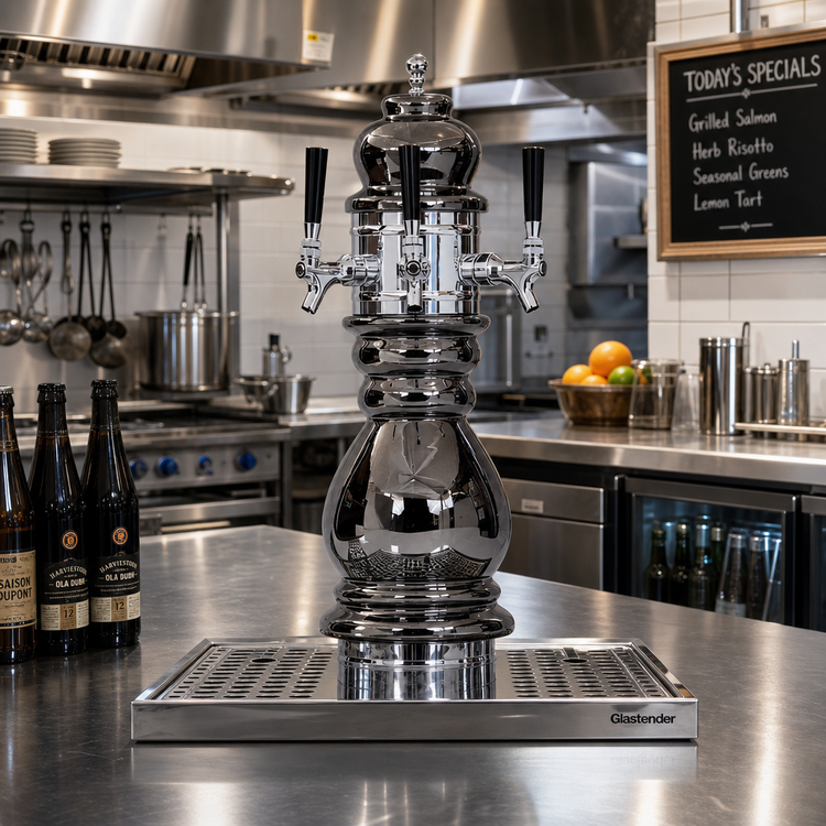 Product image #2 for Glastender Black Forest 3-Faucet Air-Cooled Countertop Draft Dispensing Tower with Mirror Finish Drain Pan