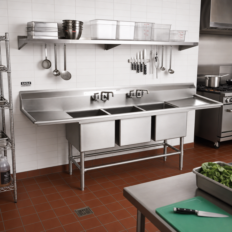 Product image #2 for Eagle Spec-Master FN Series Coved-Corner 3-Compartment Stainless Steel Sink with Right-Hand Drainboard, 79-1/2 x 27 Inches