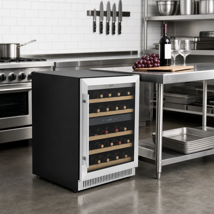 Product image #2 for Omcan Vinovero 40-Bottle Dual Zone Wine Cooler with Stainless Steel-Framed Hinged Glass Door