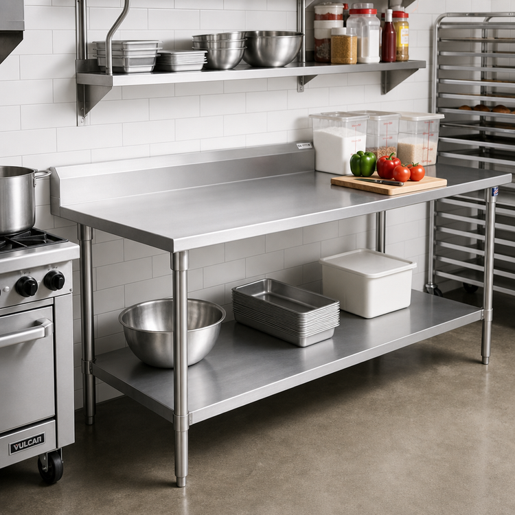 Product image #2 for John Boos Stallion 108-Inch x 30-Inch 16-Gauge 300 Series Stainless Steel Top Work Table with 5-Inch Backsplash and Adjustable Undershelf