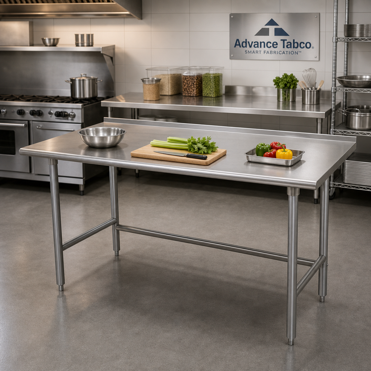 Product image #2 for Advance Tabco Premium Series 84-Inch x 30-Inch Stainless Steel Open Base Work Table with 1-1/2-Inch Rear Splash