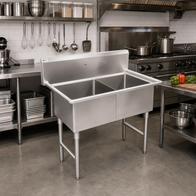 Product image #2 for Steel Works Stainless Two-Compartment Commercial Sink with Legs, 18-Gauge 304 Stainless Steel, No Drainboard