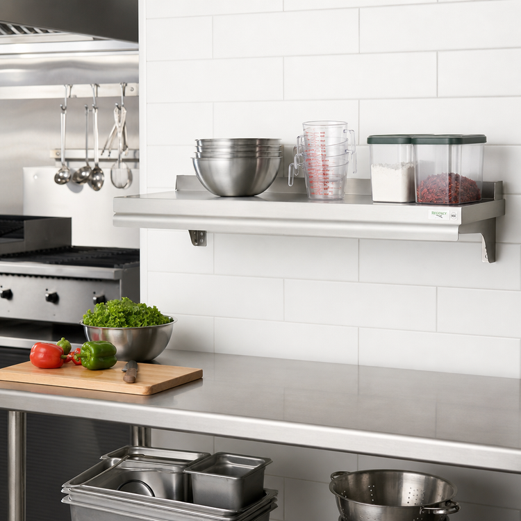 Product image #2 for Snap-n-Slide Wall-Mounted Shelf, 36W x 15D, Rolled Front Edge, 16/304 Stainless Steel