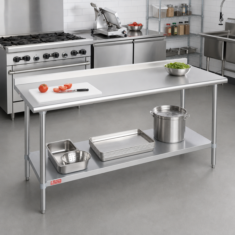 Product image #2 for Duke 24-Inch x 144-Inch Stainless Steel Work Table with 1-1/8-Inch Straight Riser and Galvanized Undershelf