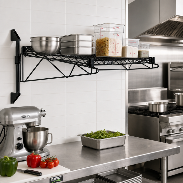 Product image #2 for Quantum Wall-Mounted Cantilever Single Shelf Unit, 48 x 12 Inch, Black Epoxy Antimicrobial Finish
