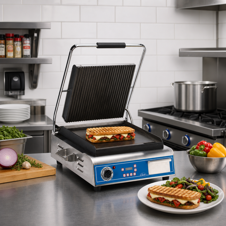 Product image #2 for Globe Deluxe 14-Inch Countertop Electric Single Sandwich/Panini Grill with Combo Cast Iron Plates