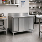 Thumbnail image #2 for Eagle Group Spec-Master CB3084SE-BS Enclosed Stainless Steel Worktable, 84 x 30 in, 14-Gauge 304 Top, 4 Sliding Doors, 4-1/2 in Backsplash