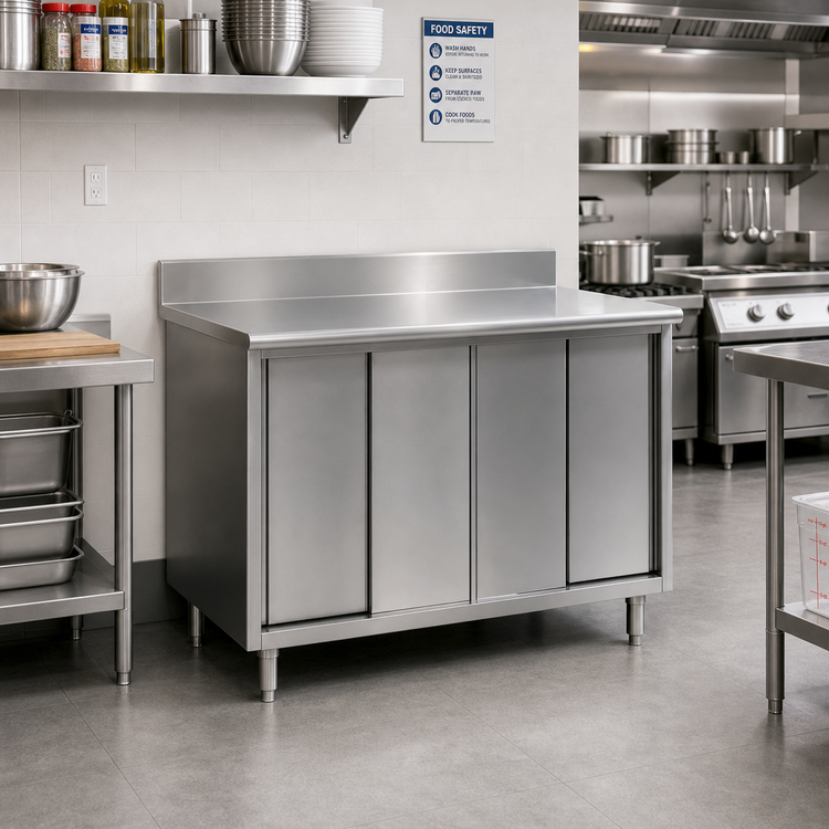 Product image #2 for Spec-Master Enclosed Worktable with Four Sliding Doors, 84 x 30 Inches, 4-1/2 Inch Backsplash, Stainless Steel Cabinet Base
