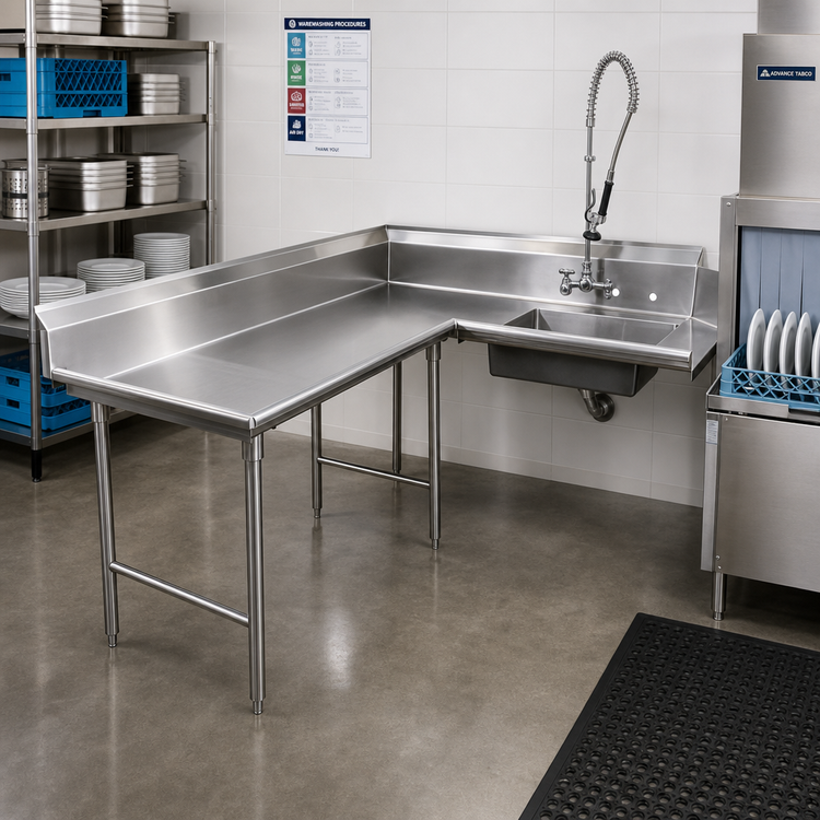 Product image #2 for Advance Tabco Korner Soil L-Shaped Left-Hand Dishtable with Pre-Rinse Sink, 119 Inches, 304 Stainless Steel