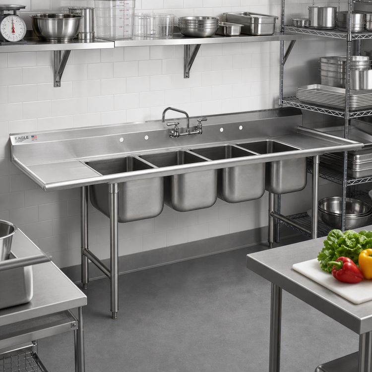 Product image #2 for Eagle Group 314 Series Four-Compartment Stainless Steel Sink with Double 24-Inch Drainboards