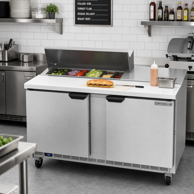 Product image #3 for Beverage-Air SPE60HC-08 Two-Section Sandwich Prep Table Refrigerator, 60-Inch, 8-Pan Top