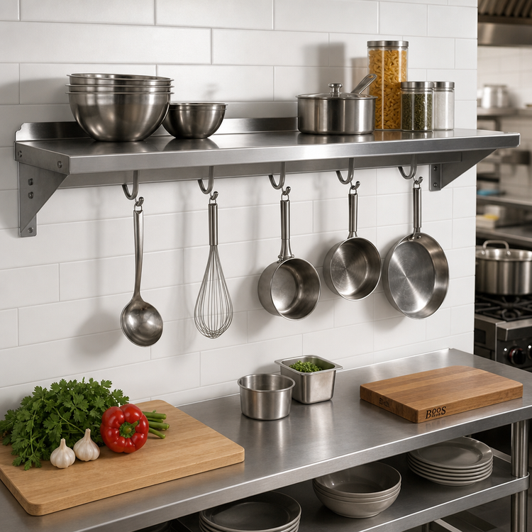Product image #2 for John Boos Cucina Mensola 36-Inch Wall-Mount Stainless Steel Pot Rack Shelf with Utensil Bar and 4 Hooks