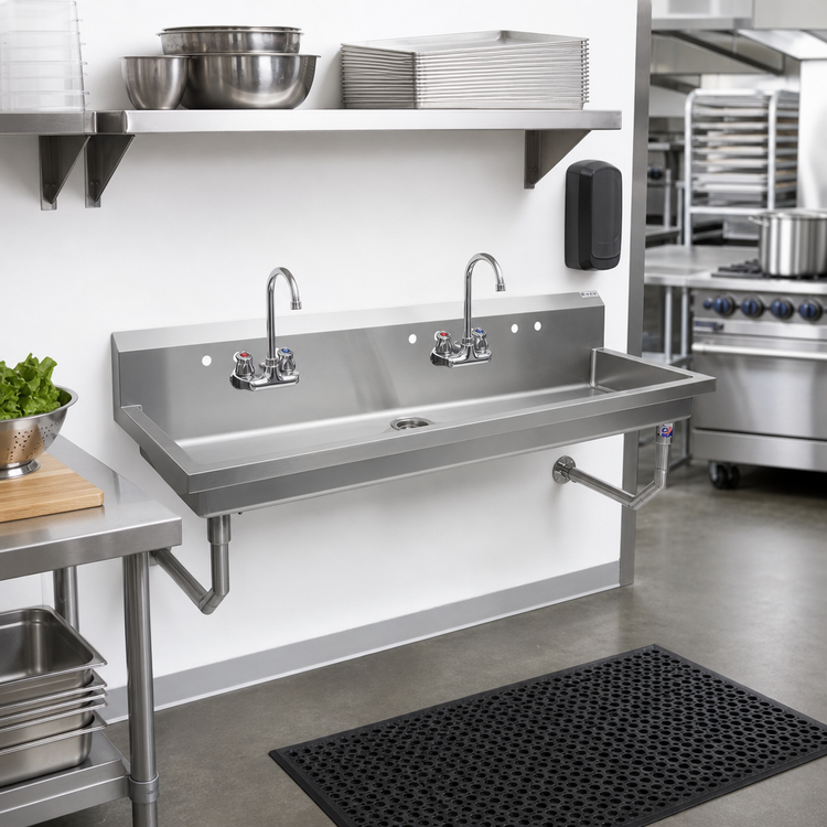 Product image #2 for John Boos 40-Inch Wall Mount Multi-Station Hand Wash Sink, Stainless Steel, 2 Sets of 4-Inch O.C. Faucet Holes