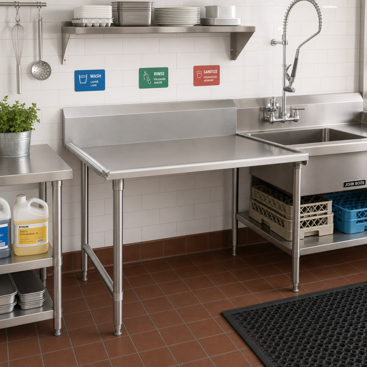 Product image #2 for John Boos Pro-Bowl Clean Straight Dishtable with 10" Boxed Backsplash, Right-to-Left, 48" x 30", 14-Gauge 300 Series Stainless Steel