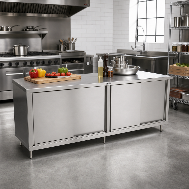Product image #2 for John Boos 108 x 30 Inch Cabinet Base Work Table with Sliding Doors