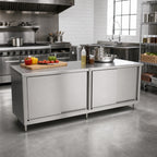 Thumbnail image #2 for John Boos 4CS4-30108 108 x 30 Inch Enclosed Work Table with Sliding Doors, 14-Gauge 300 Series Stainless Steel Flat Top