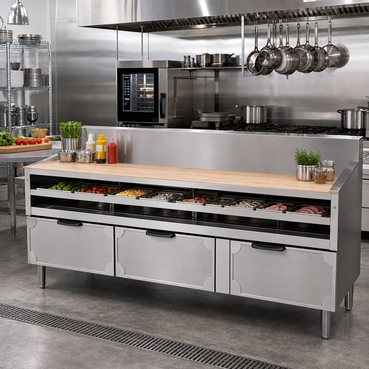 Product image #2 for La Rosa 102-Inch Stainless Steel Refrigerated Equipment Stand with 4 Drawers, Remote Refrigeration