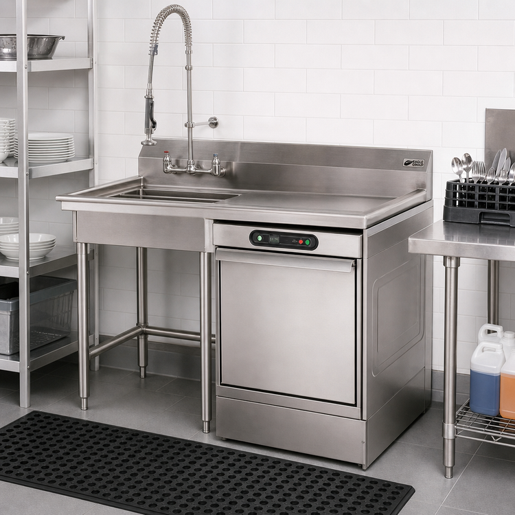 Product image #2 for Eagle Group Undercounter Soiled Dishtable with Pre-Rinse Sink, Dishwasher on Right, 60 x 27-1/2 x 43-1/2 Inches