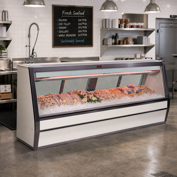 Product image #2 for Howard-McCray 40E Series Remote Fish and Poultry Service Case, 124-1/2 Inch, Straight Glass, White