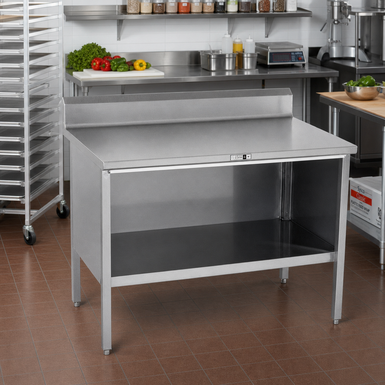 Product image #2 for John Boos Cabinet Base Open-Front Stainless Steel Work Table with 5-Inch Backsplash, 48 x 30 Inches