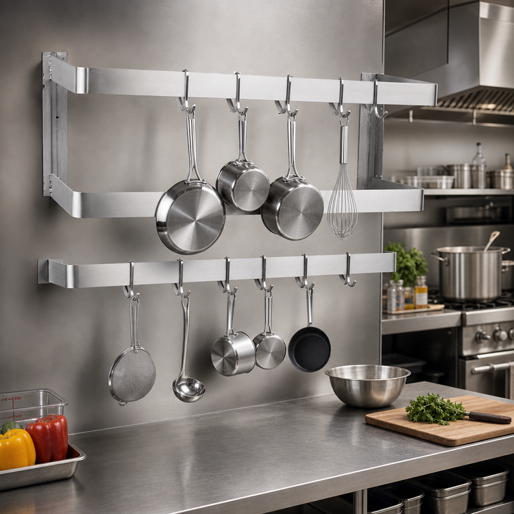 Product image #2 for Steel Works Stainless 48-Inch Wall-Mount Double-Bar 304 Stainless Steel Pot Rack with 8 Double Hooks