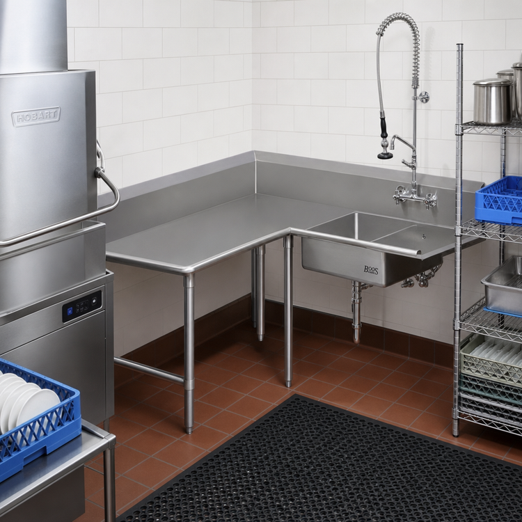 Product image #2 for John Boos Pro-Bowl Corner L-Shaped Soiled Dishtable with 20 x 20 x 8 Inch Pre-Rinse Sink Bowl, 60 Inch Machine-to-Corner x 48 Inch Corner-to-End, Left-to-Right