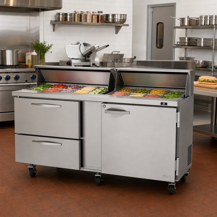 Product image #3 for Turbo Air PRO 72 5/8-Inch Two-Section Sandwich/Salad Prep Table with 1 Door, 2 Drawers, and 18-Pan Top