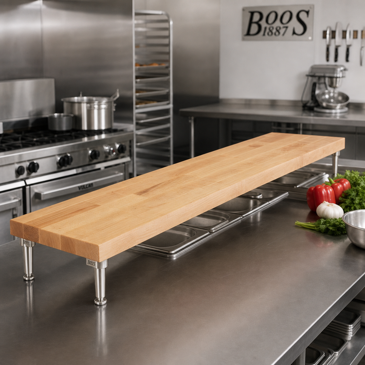 Product image #2 for John Boos 48 Inch x 10 Inch Northern Hard Rock Maple Steam Table Cutting Board with Adjustable Stainless Steel Supports