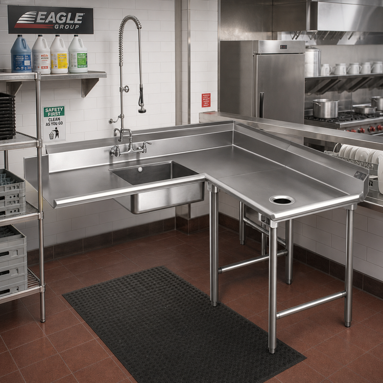 Product image #2 for Eagle Group 84-Inch Right-Hand Corner Soiled Dishtable with 16-Gauge 304 Stainless Steel Top and Pre-Rinse Sink