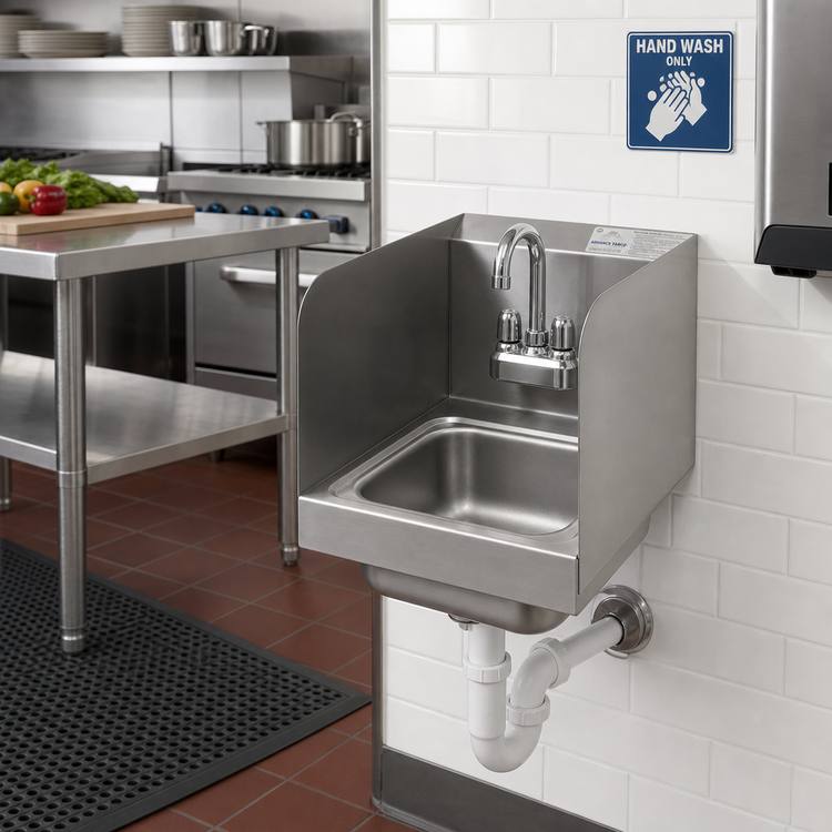 Product image #2 for Advance Tabco Special Value Series Wall-Mounted Hand Sink with 7-3/4 Inch Side Splashes, 9 x 9 x 5 Bowl, 304 Stainless Steel