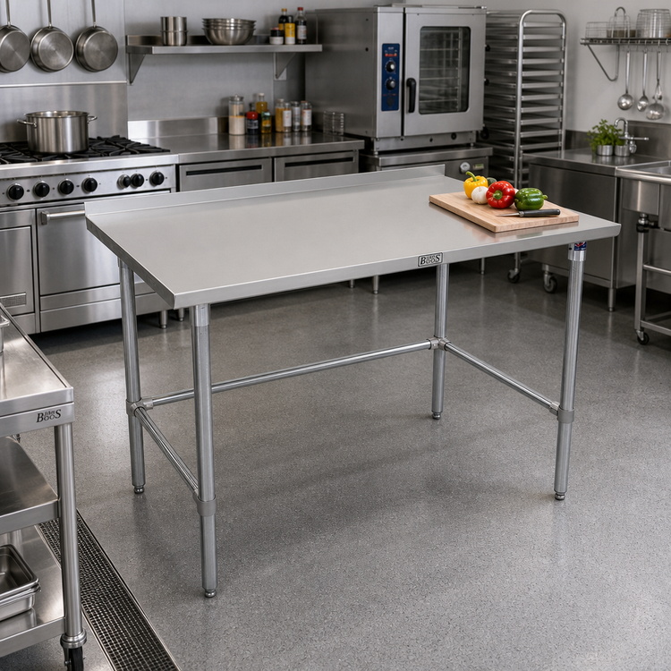 Product image #2 for John Boos Stallion 120"W x 24"D Stainless Steel Top Work Table with 1-1/2" Rear Backsplash