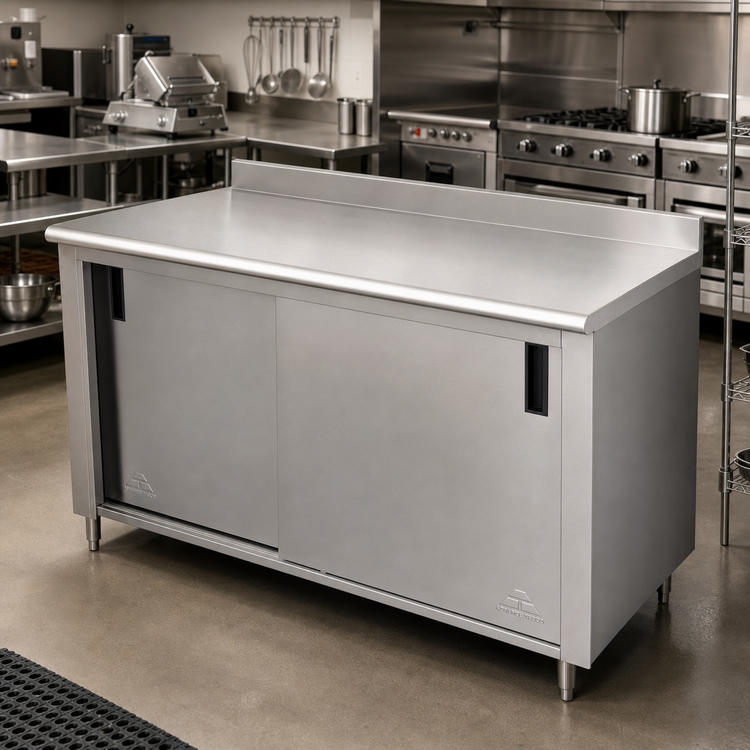 Product image #2 for Advance Tabco 96-Inch x 36-Inch Enclosed Work Table with Cabinet Base, Mid-Shelf, Sliding Doors, and 14-Gauge 304 Stainless Steel Top