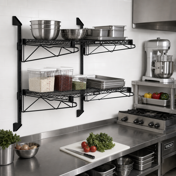 Product image #2 for Quantum Wall-Mounted Double Shelf Cantilever Wire Shelving Unit, 54 x 18 Inches, Black Epoxy Finish