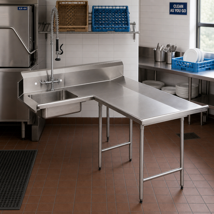 Product image #2 for Advance Tabco Right-Hand L-Shaped Dish Table with Landing and Pre-Rinse Sink, 59 Inch, 16/304 Stainless Steel