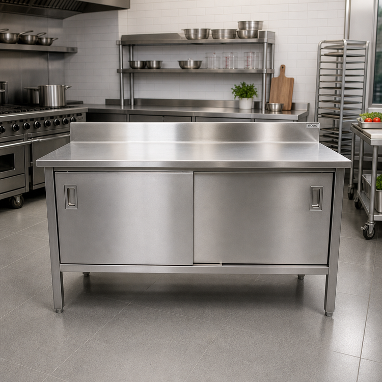 Product image #2 for John Boos Enclosed Stainless Steel Work Table with Sliding Doors, 132"W x 24"D, 5" Backsplash