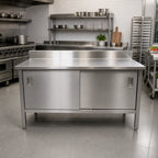 Thumbnail image #2 for John Boos EBSS4R5-24132 Enclosed Stainless Steel Work Table with Sliding Doors, 132"W x 24"D, 14-Gauge 300 Series Top, 5" Backsplash