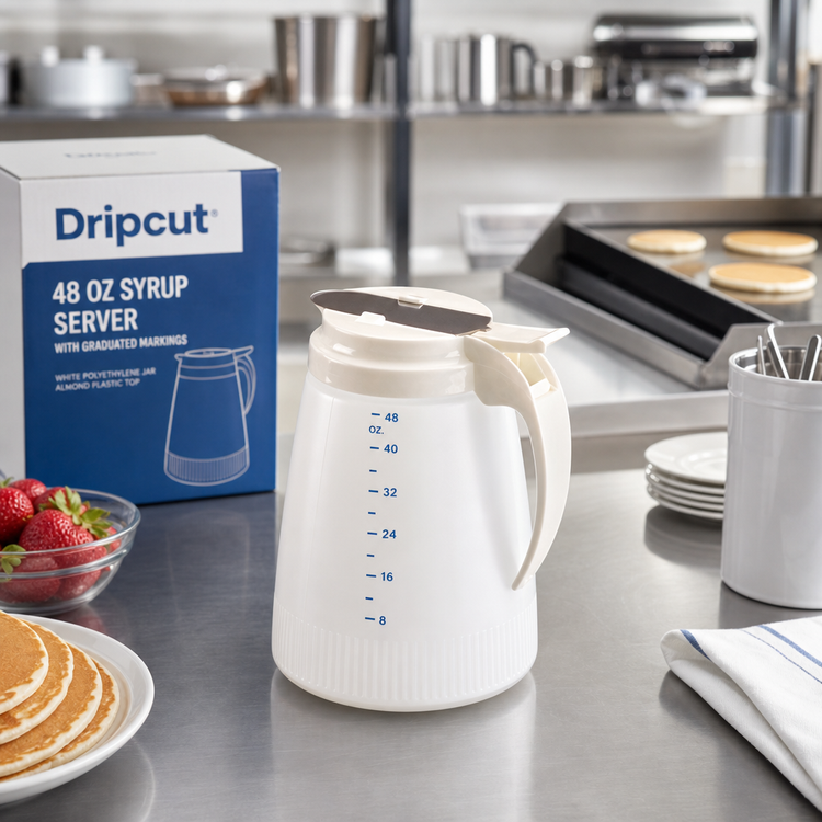 Product image #2 for Dripcut® 48 oz Syrup Server with Graduated Markings, White Polyethylene Jar and Almond Plastic Top