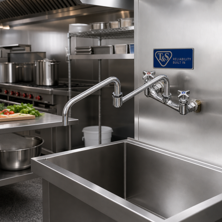 Product image #2 for T&S Brass Big-Flo Wall-Mount Pot & Kettle Sink Mixing Faucet with 24-Inch Double-Joint Swing Nozzle, 8-Inch Centers