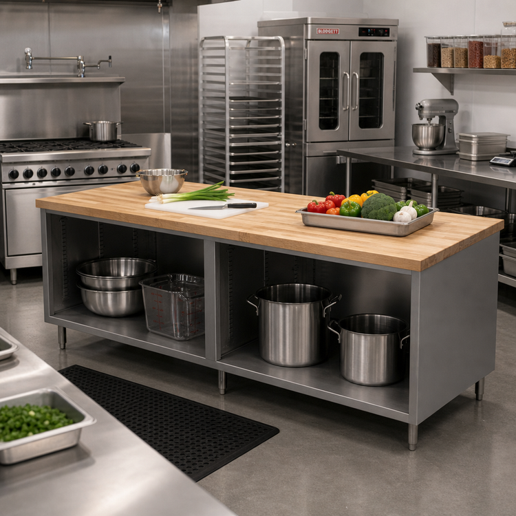 Product image #2 for BK Resources Hard Maple Top Stainless Steel Cabinet Base Chef Table, Open Front, 96"W x 36"D