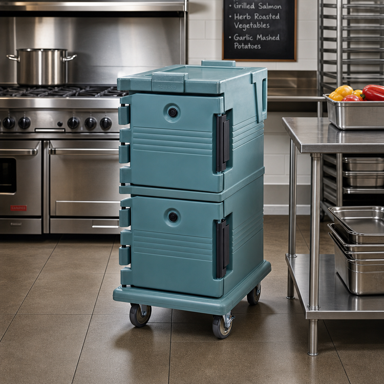 Product image #3 for Cambro Ultra Camcart® Double-Compartment Front-Loading Insulated Food Pan Carrier, 45 Qt., Slate Blue