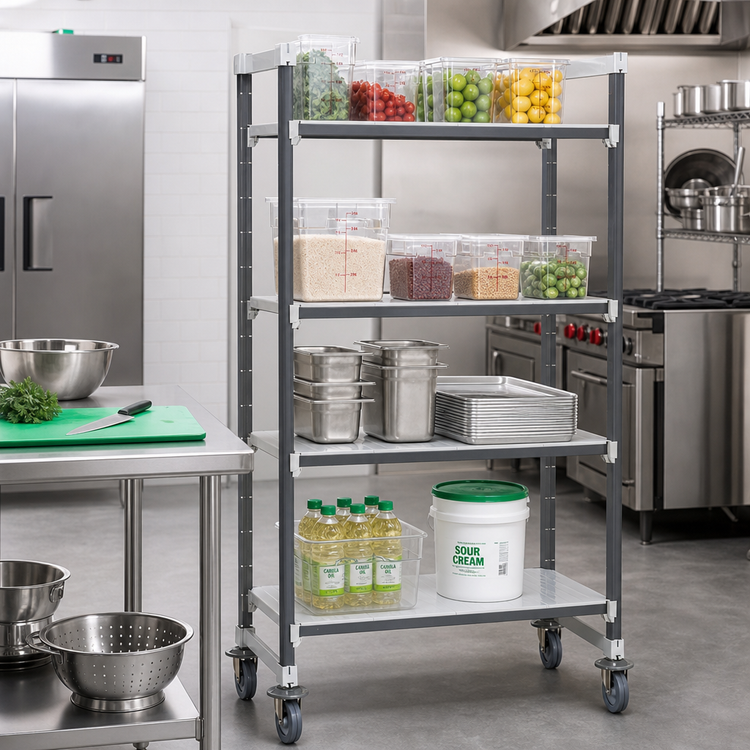 Product image #2 for Cambro Camshelving Elements XTRA High Density 4-Shelf Solid Mobile Starter Unit, 24 x 36 x 78-1/4 Inches, Speckled Gray