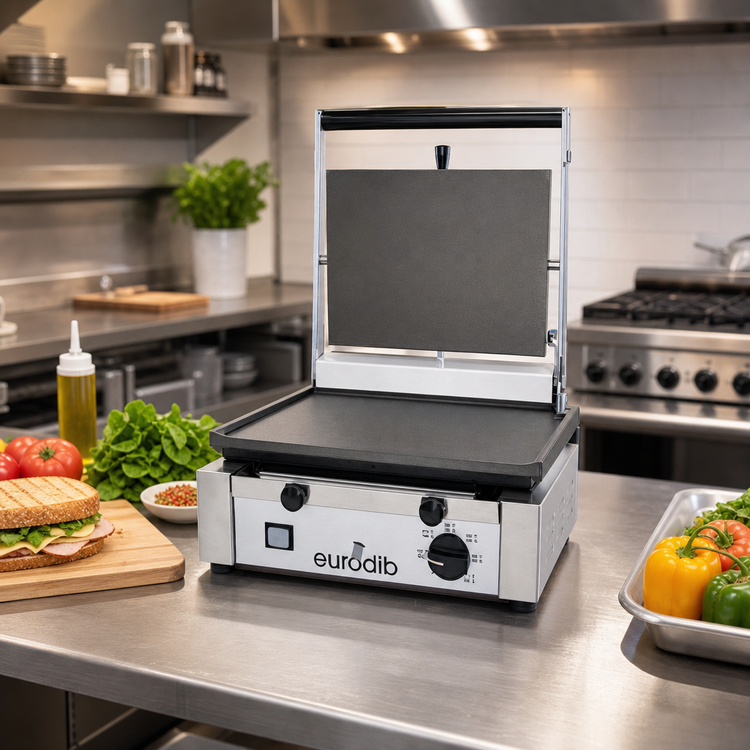 Product image #2 for Eurodib Single Countertop Panini Grill with Flat Top & Bottom Seasoned Cast Iron Plates, 110V