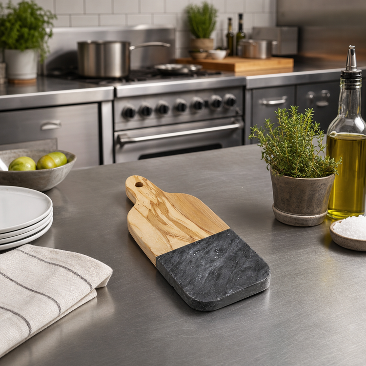 Product image #2 for Olive Wood and Black Marble Rectangular Serving Peel with Handle, 6 x 3-1/2 Inch