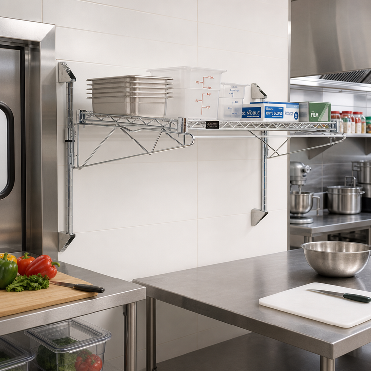 Product image #2 for Quantum Wall-Mount Cantilever Single Shelf Wire Shelving Unit, 54 x 24 Inches, Chrome Plated