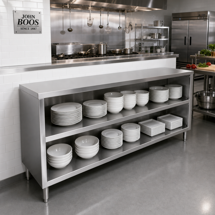 Product image #2 for John Boos Open Front Stainless Steel Dish Cabinet with Mid-Shelf, 132 Inch W x 18 Inch D x 35 Inch H