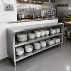 Thumbnail image #2 for John Boos 4DCO6-18132 Open Front Stainless Steel Dish Cabinet with Mid-Shelf, 132"W x 18"D x 35"H