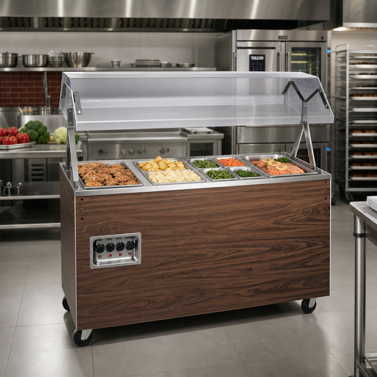 Product image #2 for Vollrath 2-Series Affordable Portable 4-Well Open-Well Mobile Hot Food Station with Buffet Breath Guard and Enclosed Storage Base, Cherry Woodgrain, 208-240V
