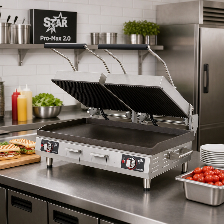 Product image #2 for Star Pro-Max 2.0 28-Inch Countertop Panini Sandwich Grill, Grooved Top/Smooth Bottom, Cast Iron Plates, Electronic Controls